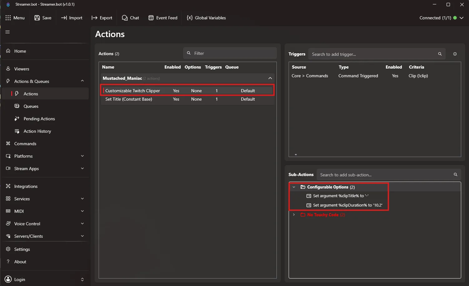 Custom Twitch Clip Creator Action in Streamer.bot