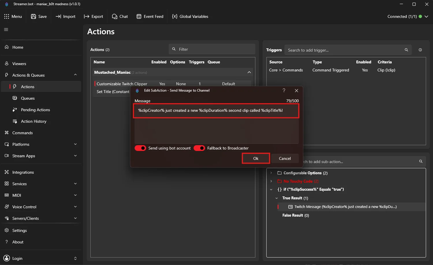 Chat Message for Twitch Clip Creator Action in Streamer.bot