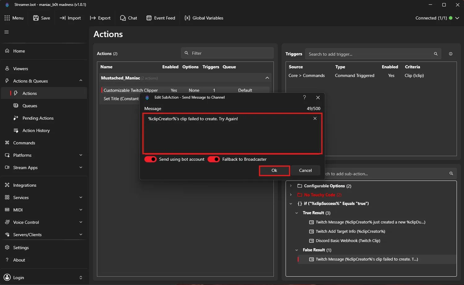False Logic for Twitch Clip Creator Action in Streamer.bot