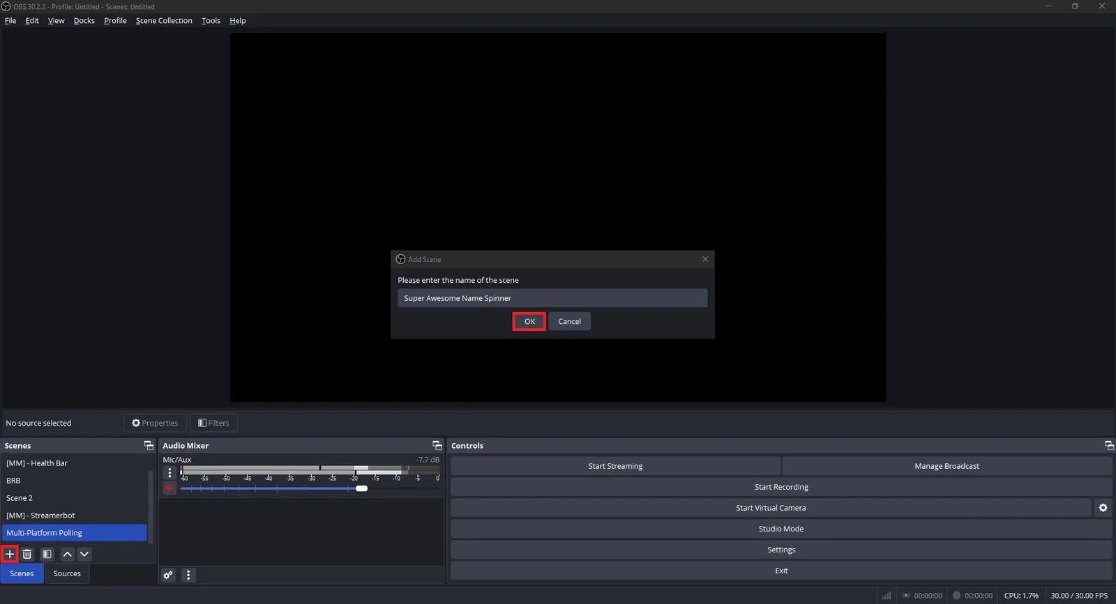 Creating a new Scene in OBS