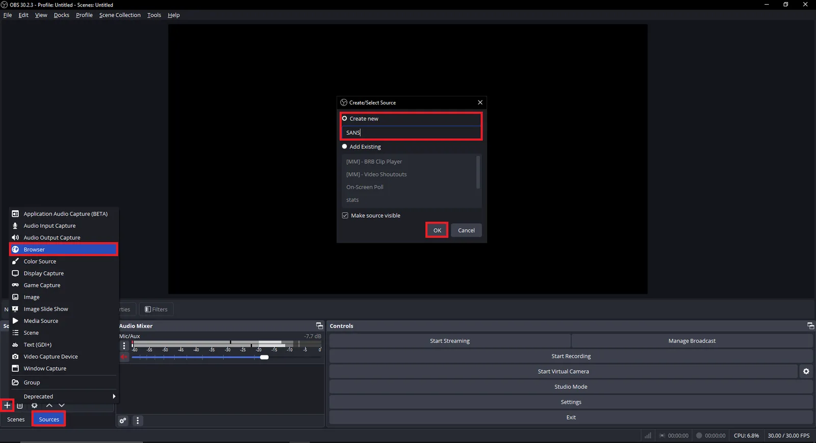 Creating a new Source in OBS