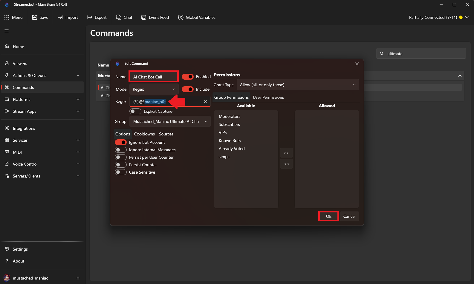 Enabling Commands for The Ultimate AI Chat Bot into Streamer.bot