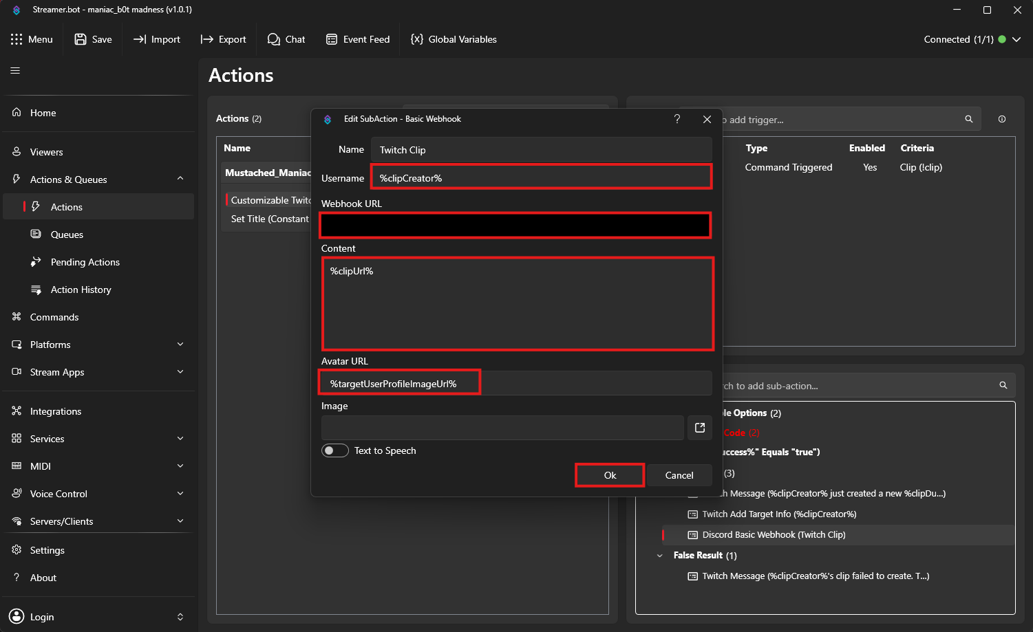 Discord Webhook for Twitch Clip Creator Action in Streamer.bot
