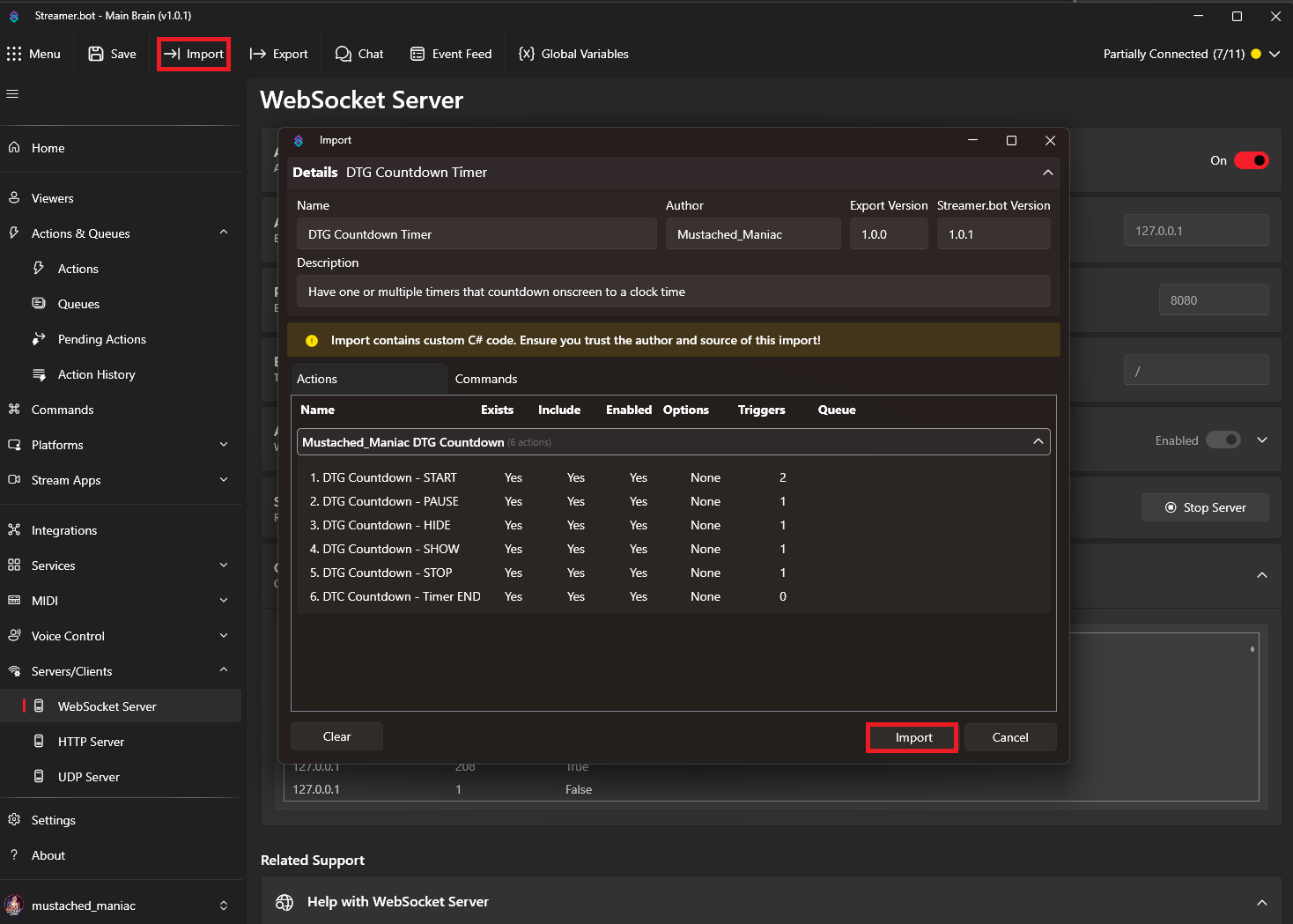 Importing code for countdown timers to Streamer.bot