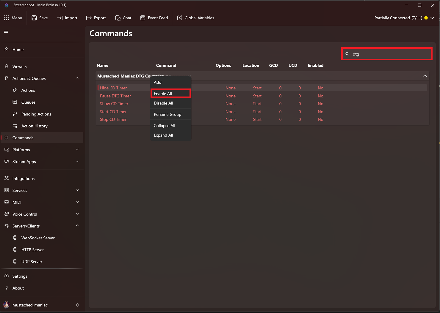 Enabling commands for countdown timers to Streamer.bot
